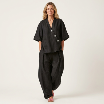 Ginalisa | Asymmetric Button V-Neck Top & Relaxed Wide-Leg Linen Set