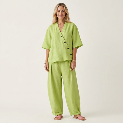Ginalisa | Asymmetric Button V-Neck Top & Relaxed Wide-Leg Linen Set