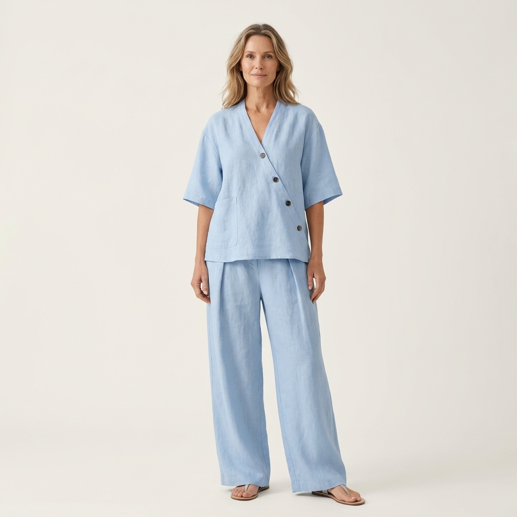 Ginalisa | Asymmetric Button V-Neck Top & Relaxed Wide-Leg Linen Set