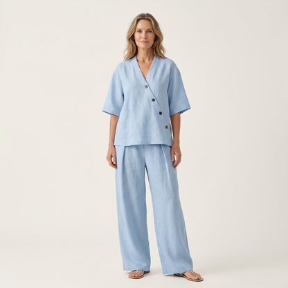 Ginalisa | Asymmetric Button V-Neck Top & Relaxed Wide-Leg Linen Set