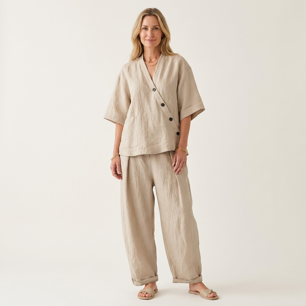 Ginalisa | Asymmetric Button V-Neck Top & Relaxed Wide-Leg Linen Set