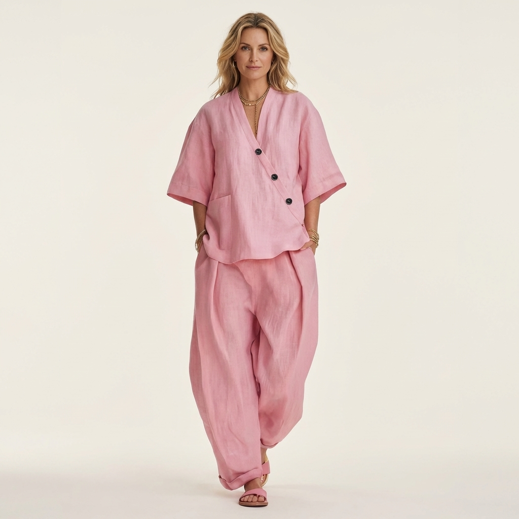 Ginalisa | Asymmetric Button V-Neck Top & Relaxed Wide-Leg Linen Set