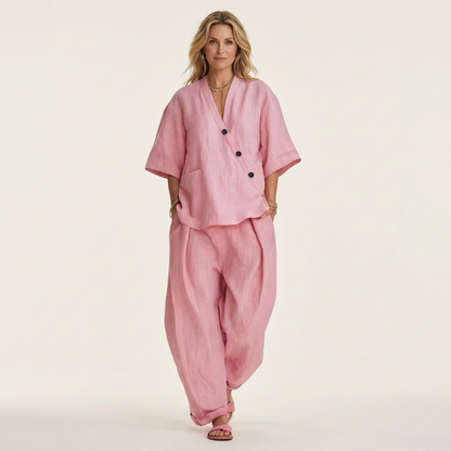 Ginalisa | Asymmetric Button V-Neck Top & Relaxed Wide-Leg Linen Set