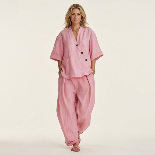 Ginalisa | Asymmetric Button V-Neck Top & Relaxed Wide-Leg Linen Set