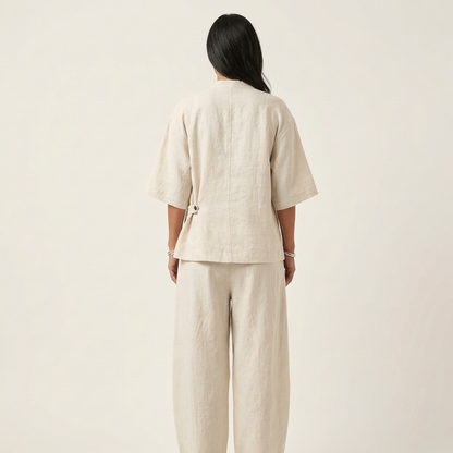 Ginalisa | Asymmetric Button V-Neck Top & Relaxed Wide-Leg Linen Set