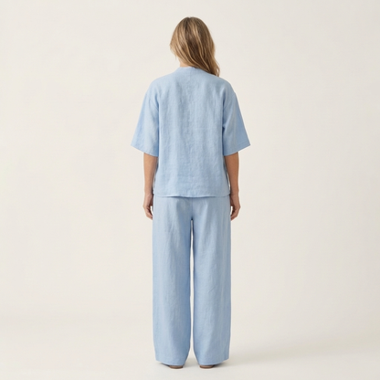 Ginalisa | Asymmetric Button V-Neck Top & Relaxed Wide-Leg Linen Set