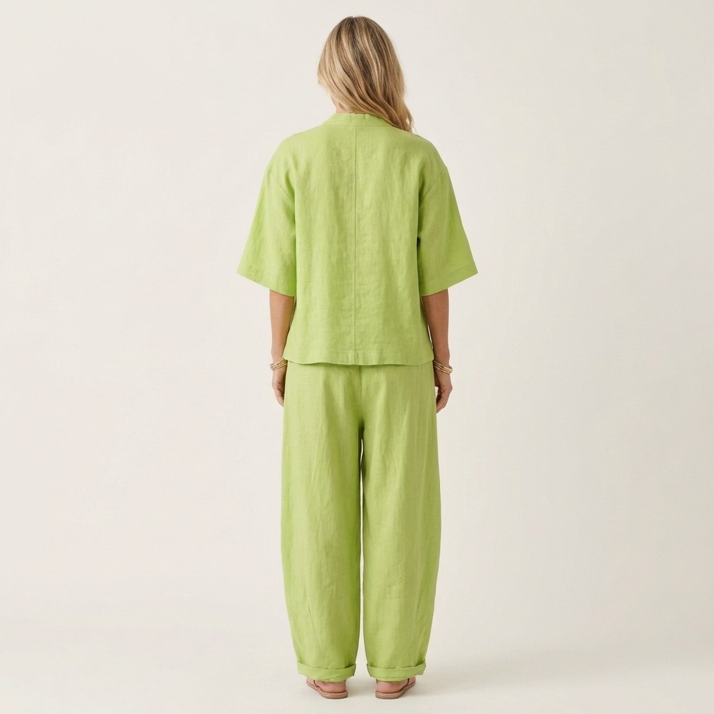 Ginalisa | Asymmetric Button V-Neck Top & Relaxed Wide-Leg Linen Set