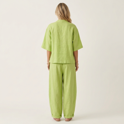 Ginalisa | Asymmetric Button V-Neck Top & Relaxed Wide-Leg Linen Set