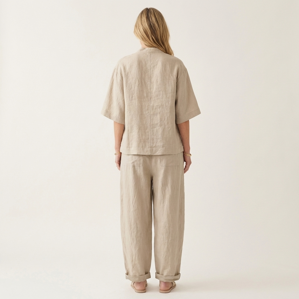 Ginalisa | Asymmetric Button V-Neck Top & Relaxed Wide-Leg Linen Set