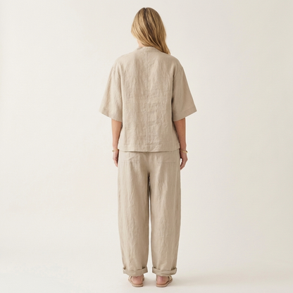 Ginalisa | Asymmetric Button V-Neck Top & Relaxed Wide-Leg Linen Set