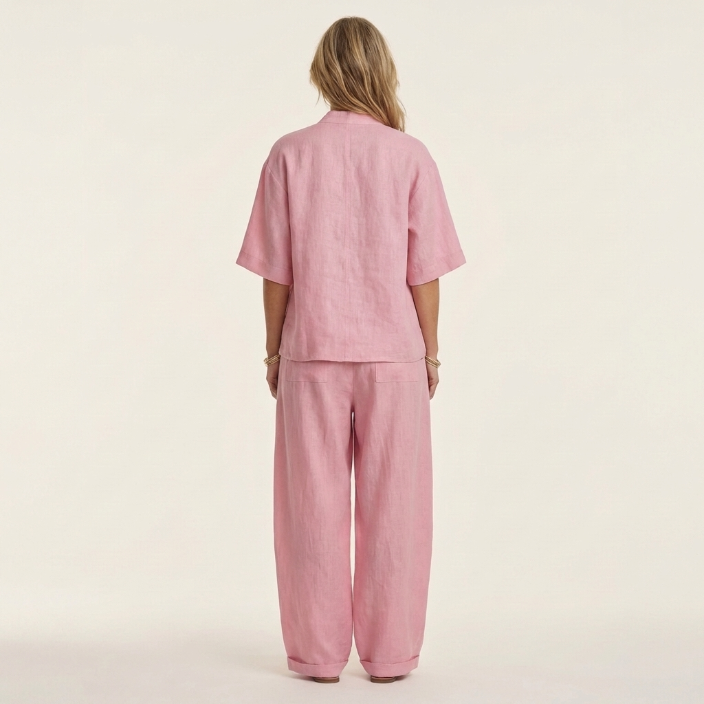 Ginalisa | Asymmetric Button V-Neck Top & Relaxed Wide-Leg Linen Set