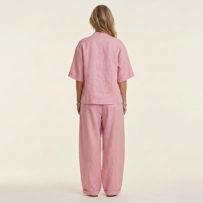 Ginalisa | Asymmetric Button V-Neck Top & Relaxed Wide-Leg Linen Set