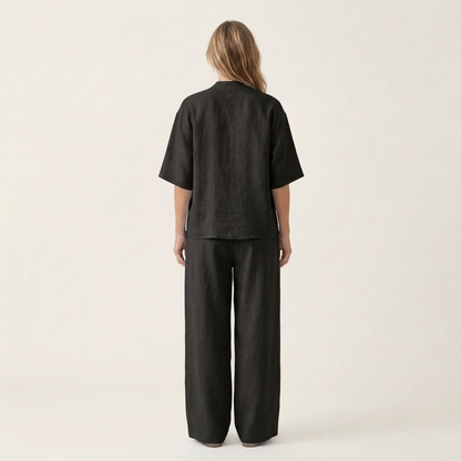 Ginalisa | Asymmetric Button V-Neck Top & Relaxed Wide-Leg Linen Set