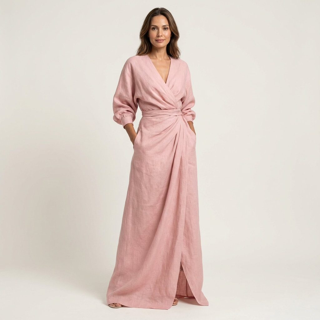 Samira | Deep V-Neck Draped Wrap Maxi Dress with Front Slit