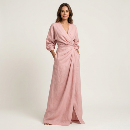 Samira | Deep V-Neck Draped Wrap Maxi Dress with Front Slit