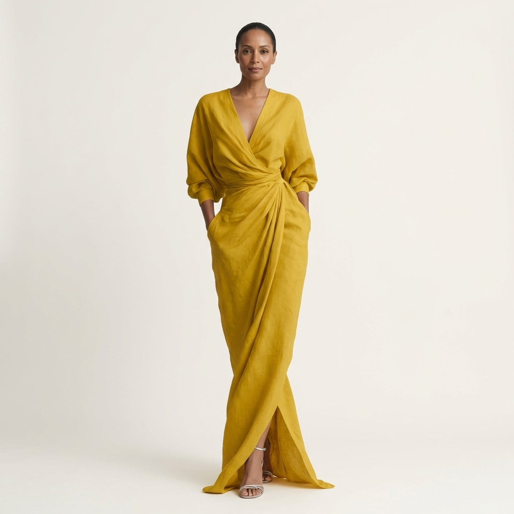 Samira | Deep V-Neck Draped Wrap Maxi Dress with Front Slit