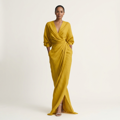 Samira | Deep V-Neck Draped Wrap Maxi Dress with Front Slit