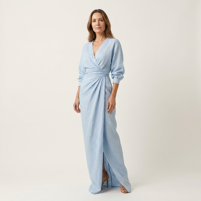 Samira | Deep V-Neck Draped Wrap Maxi Dress with Front Slit