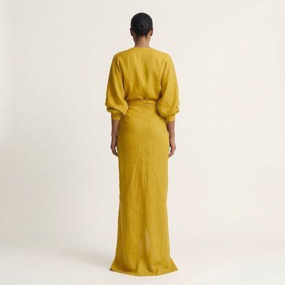 Samira | Deep V-Neck Draped Wrap Maxi Dress with Front Slit