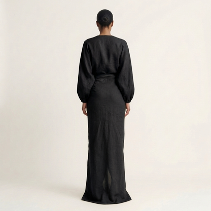 Samira | Deep V-Neck Draped Wrap Maxi Dress with Front Slit