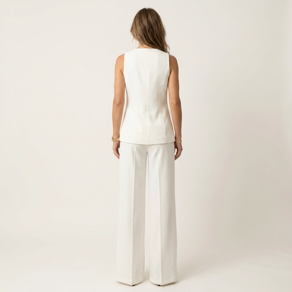 Claudette | Gold-Button Sleeveless Blazer Vest & Split Wide-Leg Pants Set