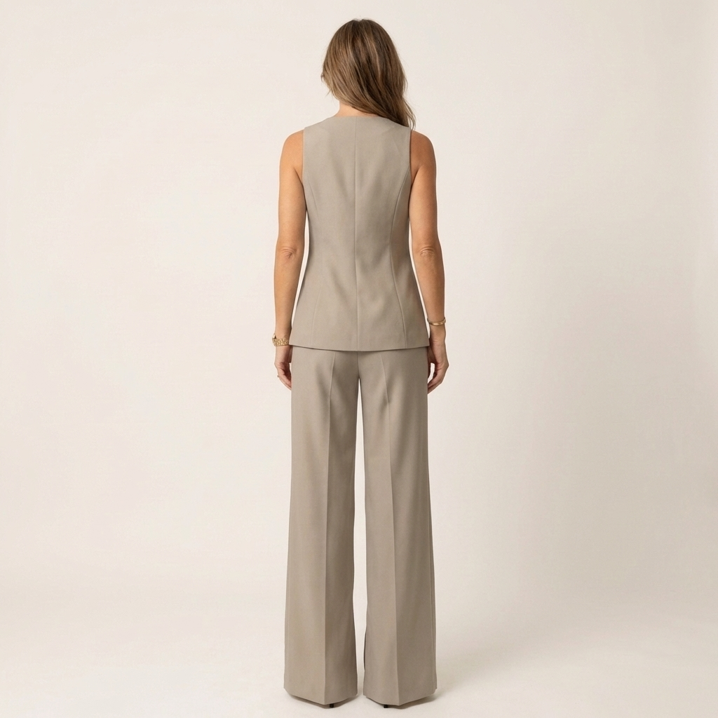Claudette | Gold-Button Sleeveless Blazer Vest & Split Wide-Leg Pants Set