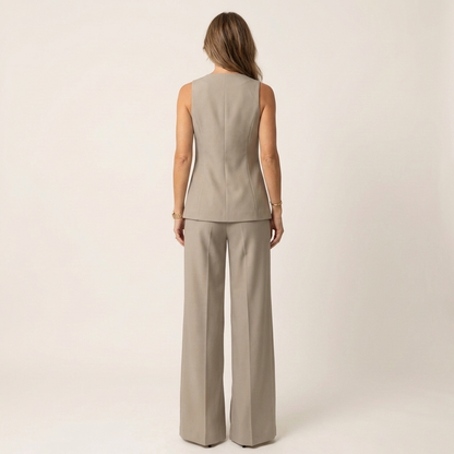 Claudette | Gold-Button Sleeveless Blazer Vest & Split Wide-Leg Pants Set