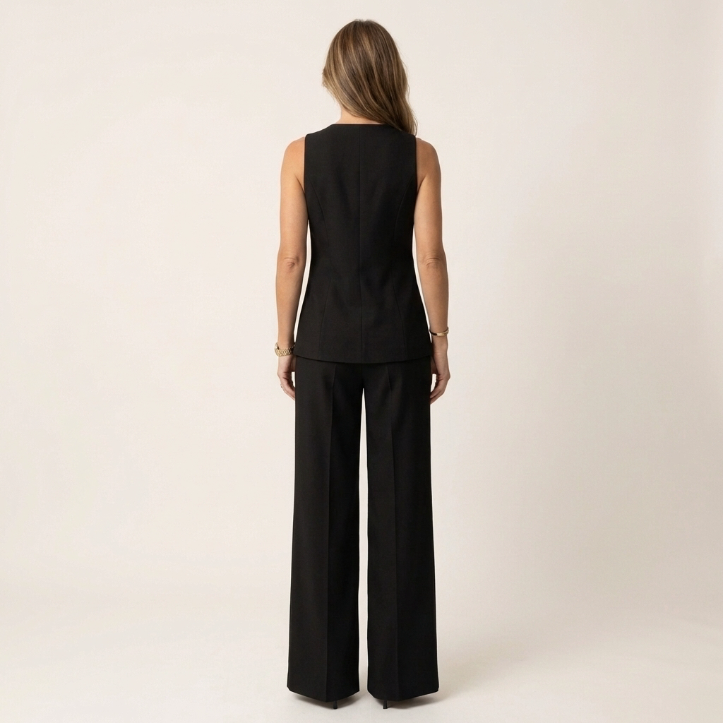 Claudette | Gold-Button Sleeveless Blazer Vest & Split Wide-Leg Pants Set