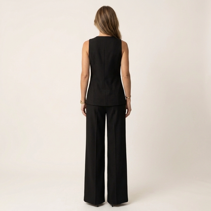Claudette | Gold-Button Sleeveless Blazer Vest & Split Wide-Leg Pants Set