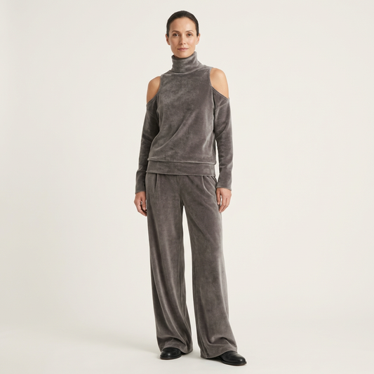 Donelle | Velvet Cold-Shoulder Turtleneck & Wide-Leg Pants Set