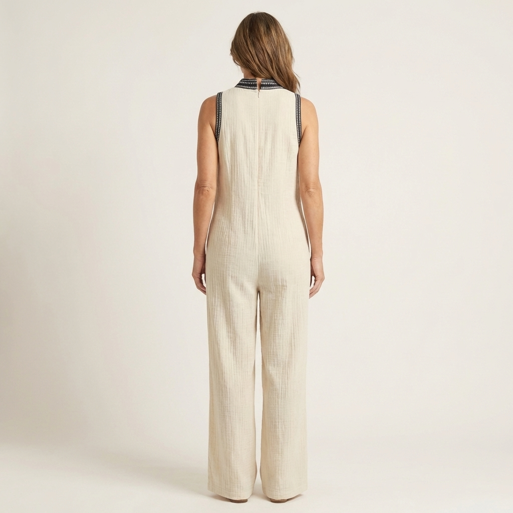 Ariola | Embroidered V-Neck Linen-Look Wide-Leg Jumpsuit