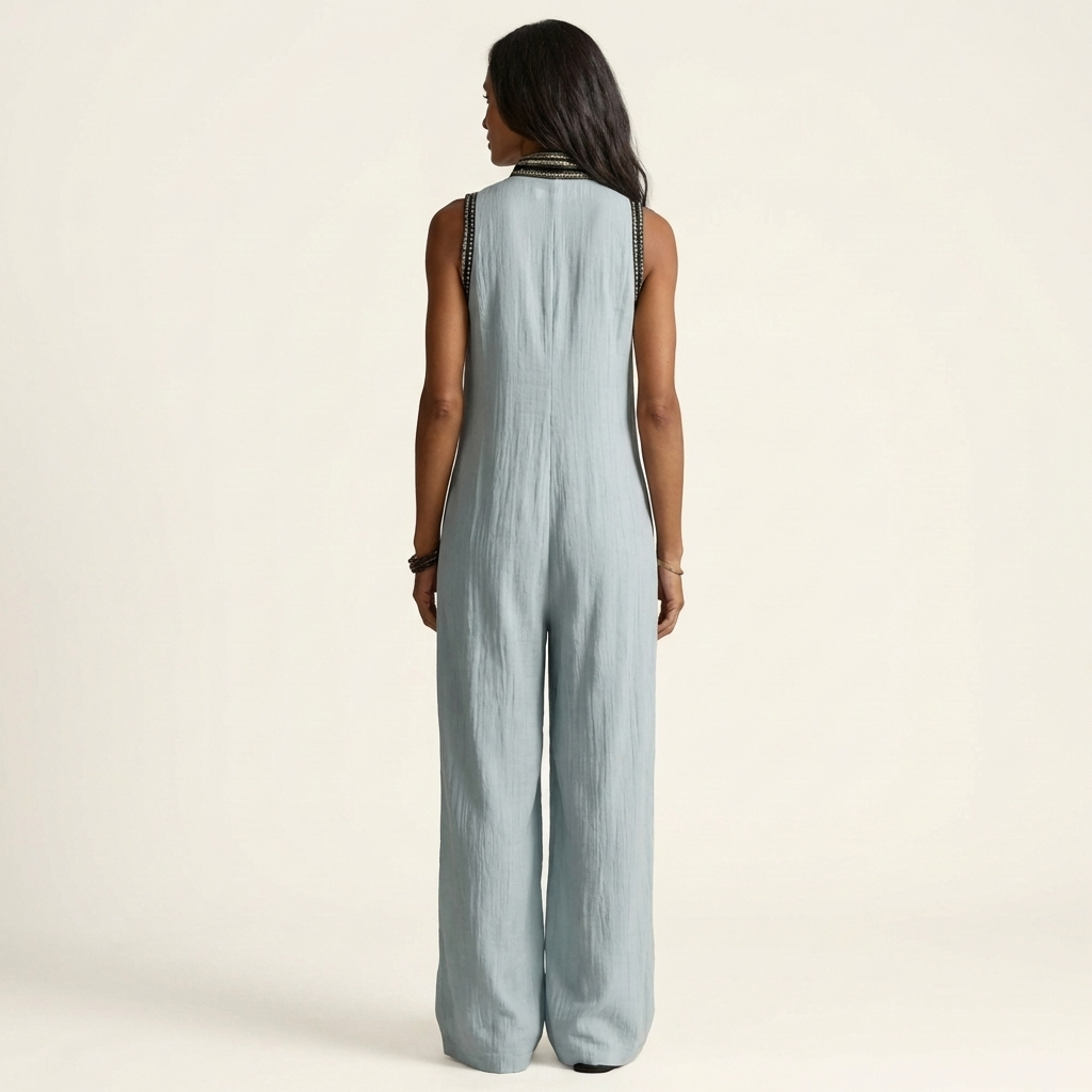 Ariola | Embroidered V-Neck Linen-Look Wide-Leg Jumpsuit