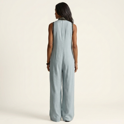 Ariola | Embroidered V-Neck Linen-Look Wide-Leg Jumpsuit