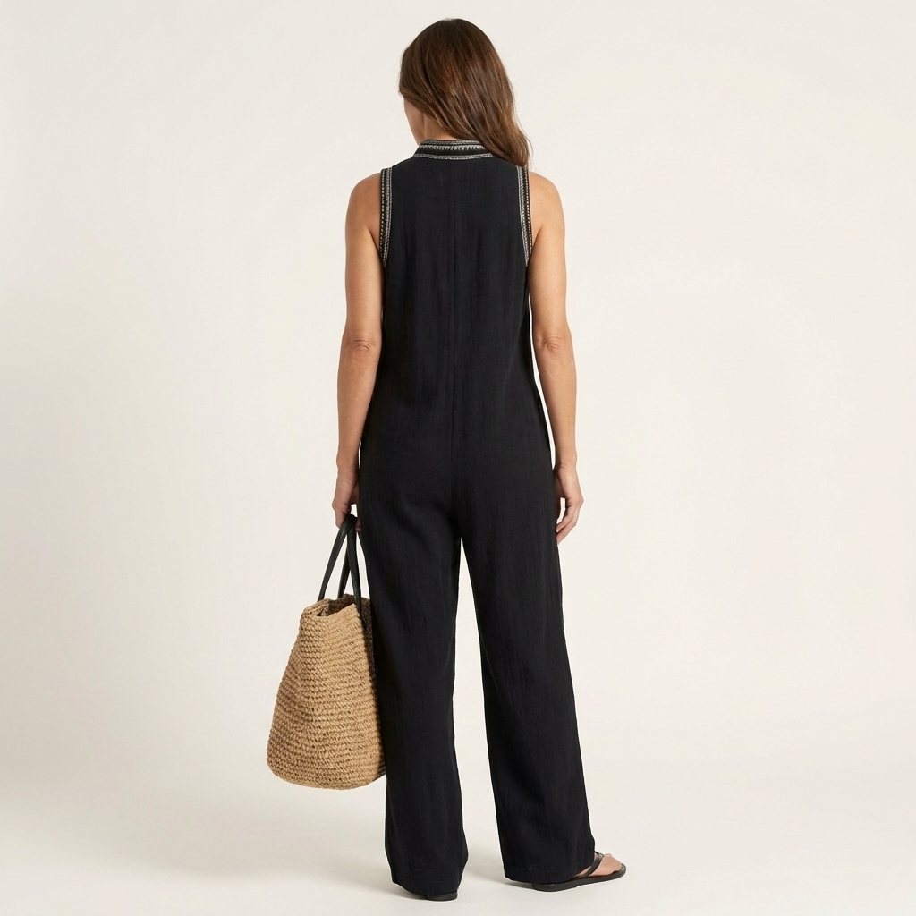 Ariola | Embroidered V-Neck Linen-Look Wide-Leg Jumpsuit