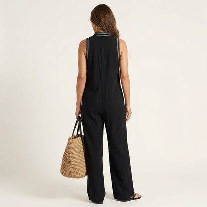 Ariola | Embroidered V-Neck Linen-Look Wide-Leg Jumpsuit