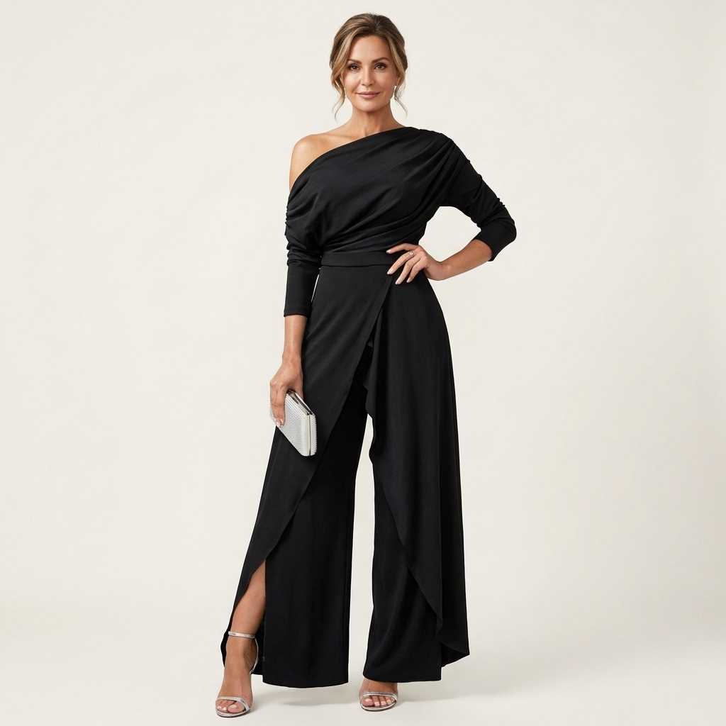 Miria | One-Shoulder Draped Top & Wrap-Panel Wide-Leg Jumpsuit