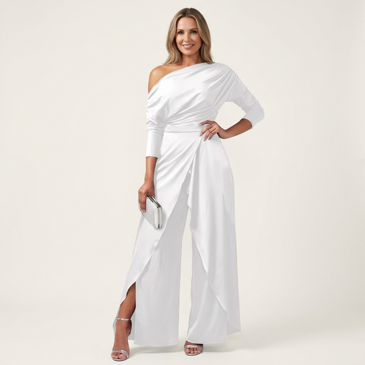 Miria | One-Shoulder Draped Top & Wrap-Panel Wide-Leg Jumpsuit