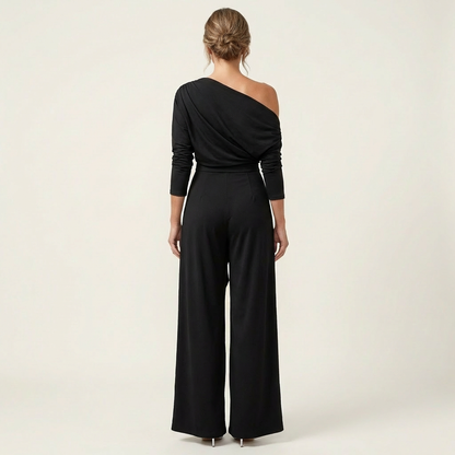Miria | One-Shoulder Draped Top & Wrap-Panel Wide-Leg Jumpsuit