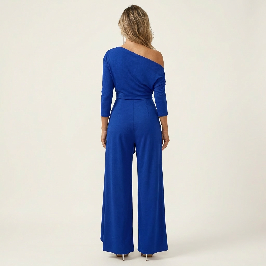 Miria | One-Shoulder Draped Top & Wrap-Panel Wide-Leg Jumpsuit