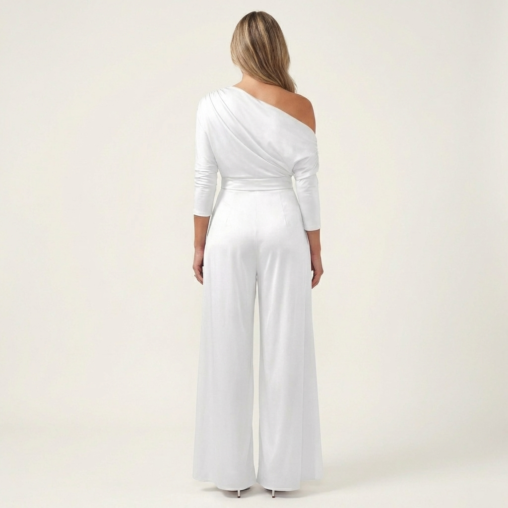 Miria | One-Shoulder Draped Top & Wrap-Panel Wide-Leg Jumpsuit