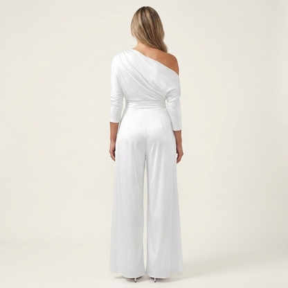 Miria | One-Shoulder Draped Top & Wrap-Panel Wide-Leg Jumpsuit