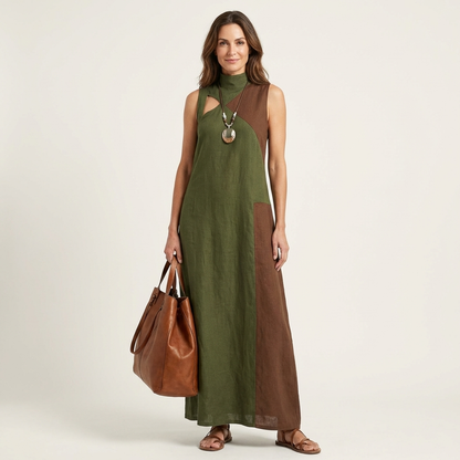 Morella | Color-Block Turtleneck Cut-Out Maxi Dress