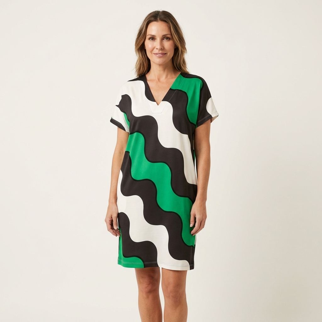 Ciana | Bold Wave-Print V-Neck Short Sleeve Midi Dress