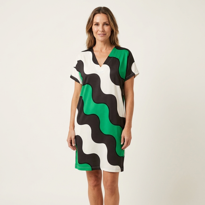 Ciana | Bold Wave-Print V-Neck Short Sleeve Midi Dress