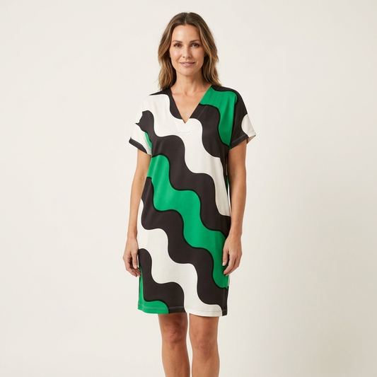 Ciana | Bold Wave-Print V-Neck Short Sleeve Midi Dress