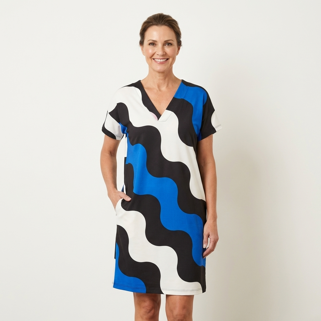 Ciana | Bold Wave-Print V-Neck Short Sleeve Midi Dress