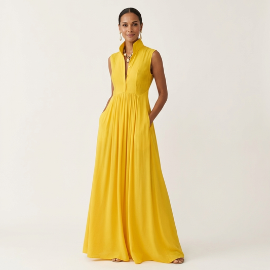 Clara | Sleeveless Stand-Collar Pleated Maxi with Pockets