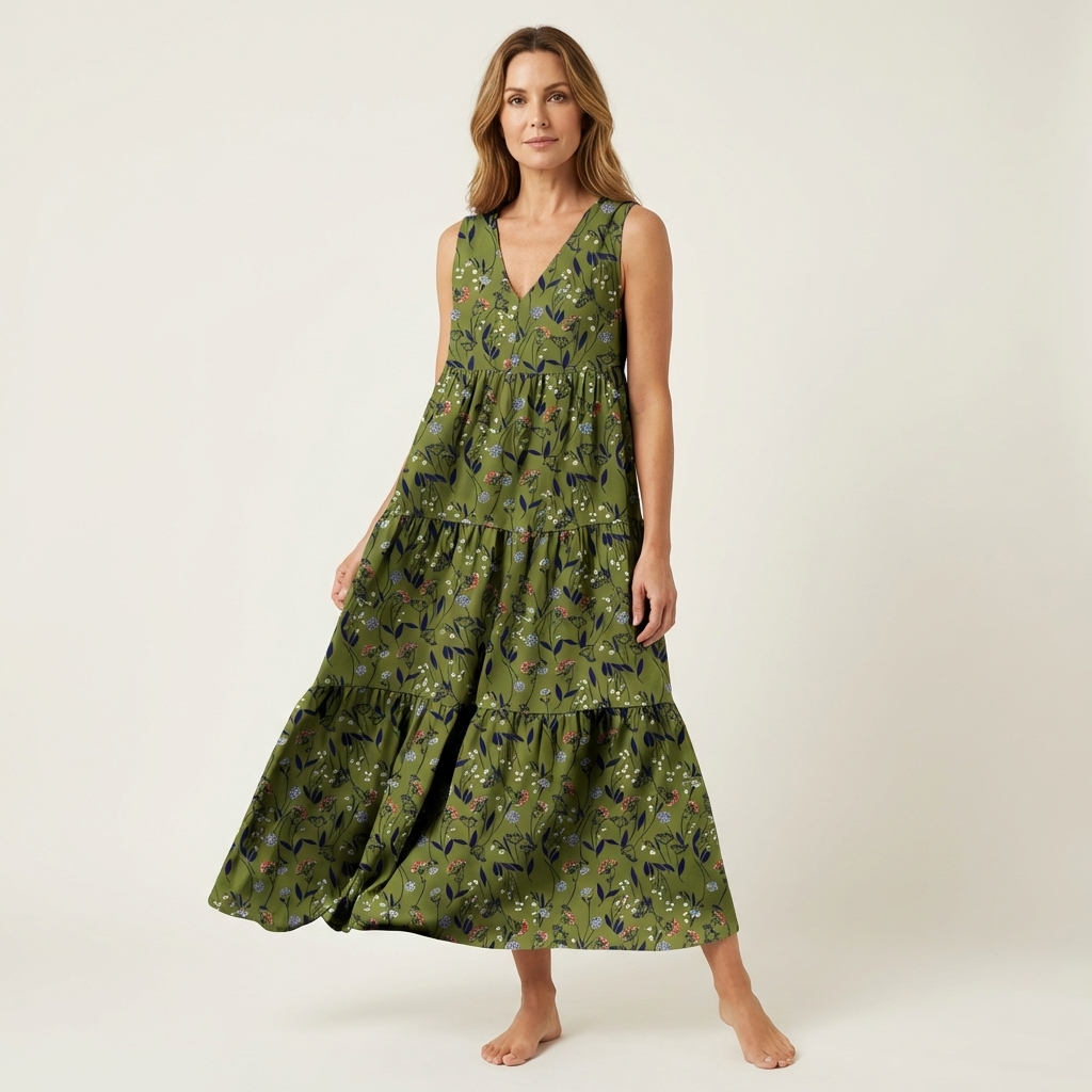 Alara | V-Neck Tiered Maxi Dress in Printed Cotton
