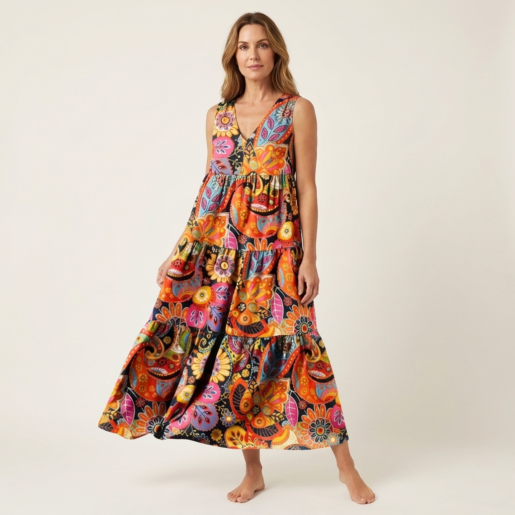 Alara | V-Neck Tiered Maxi Dress in Printed Cotton