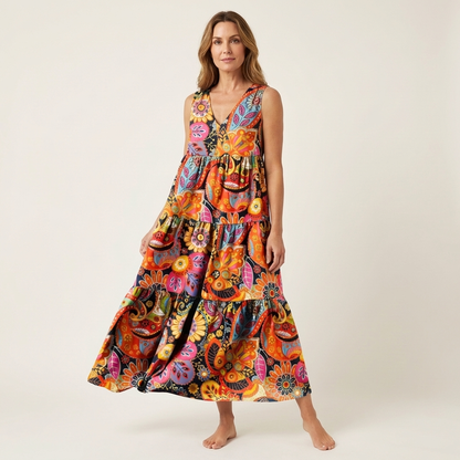 Alara | V-Neck Tiered Maxi Dress in Printed Cotton